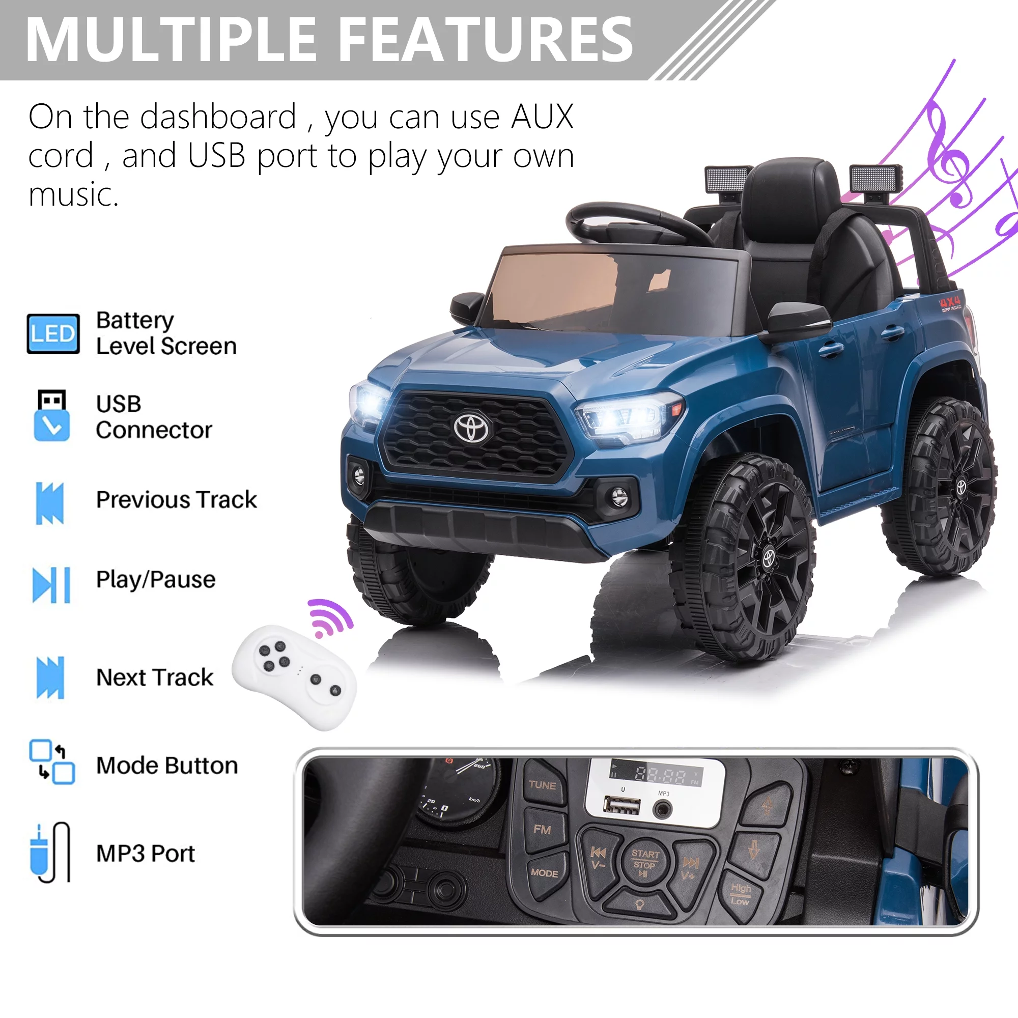 Licensed Toyota Tacoma Electric Ride on Vehicle for Kids, 12V Powered Ride on Car Toys with Remote Control, LED Lights, MP3 Player, Gray