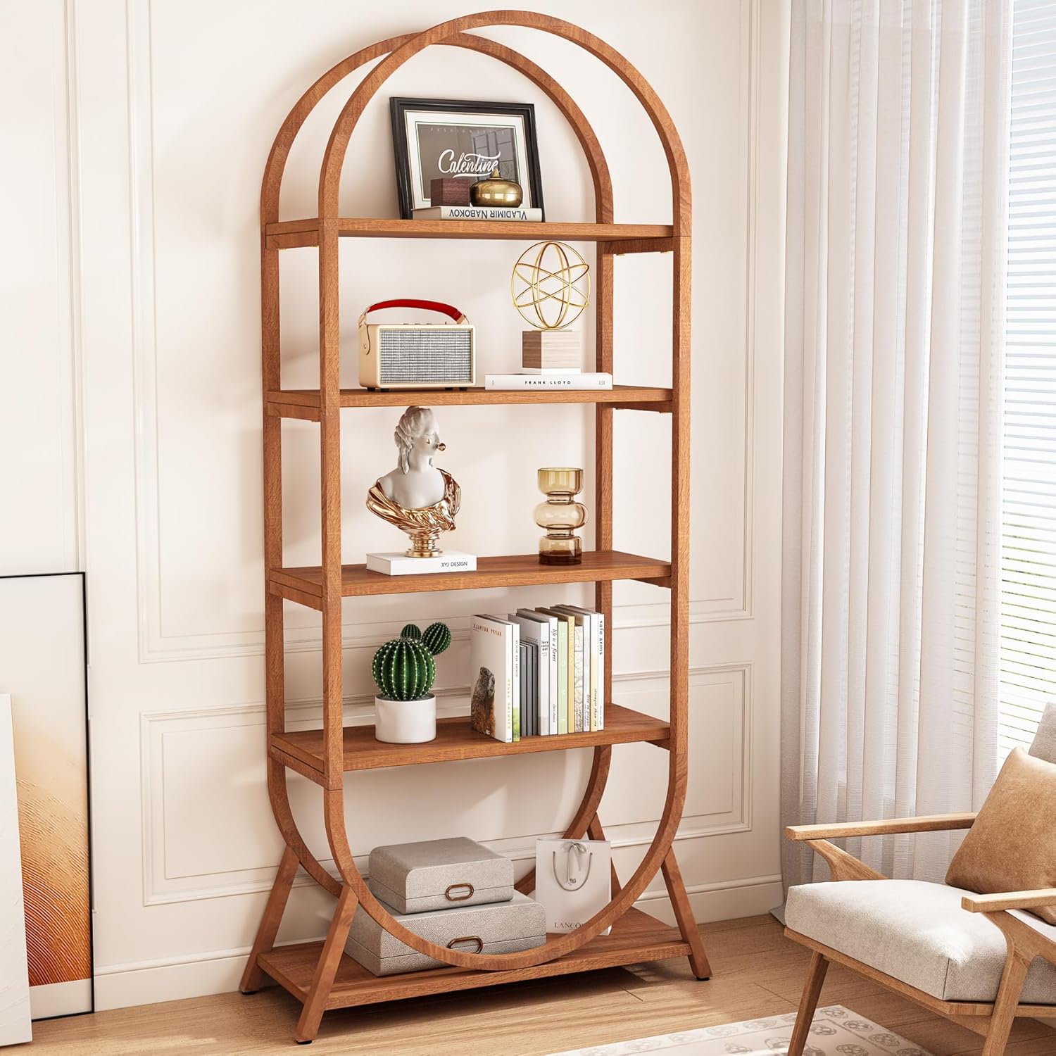 Tribesigns 5-Tier Open Bookshelf, 70.8" Tall Arched Bookcase, Modern Brown Storage Bookshelves, Freestanding Display Rack Shelving Unit for Office