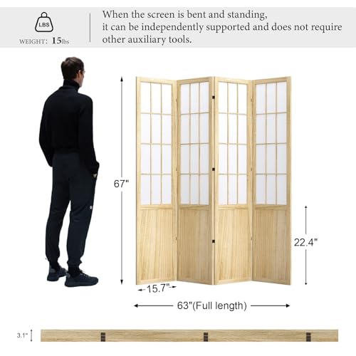Room Divider, 66.9Inch Tall Japanese Shoji Style Folding Wood Screen with Double Hinges for Home Office Bedroom Hotel Decoration (4Panels, Black)