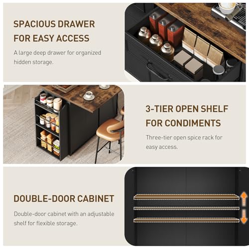Kitchen Island with Power Outlet & Drop Leaf, Mobile Rolling Cart with Trash Can Storage, 3-Tier Spice Rack,Island Table for Kitchen, Dining Room