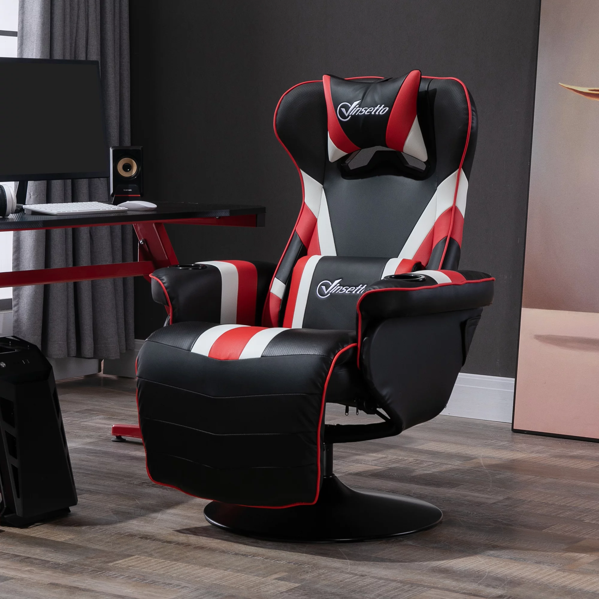 Vinsetto Gaming Chair, Racing Style Computer Recliner with Lumbar Support, Footrest and Cup Holder, Black/White/Red