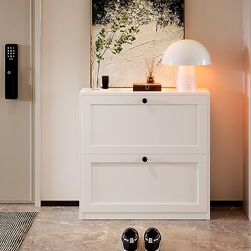 VOWNER Shoe Cabinet with 2 Flip Drawers, Freestanding Shoe Storage Cabinet with Adjustable Shelf & Anti-Tipping Device, Shoe Rack for Entryway