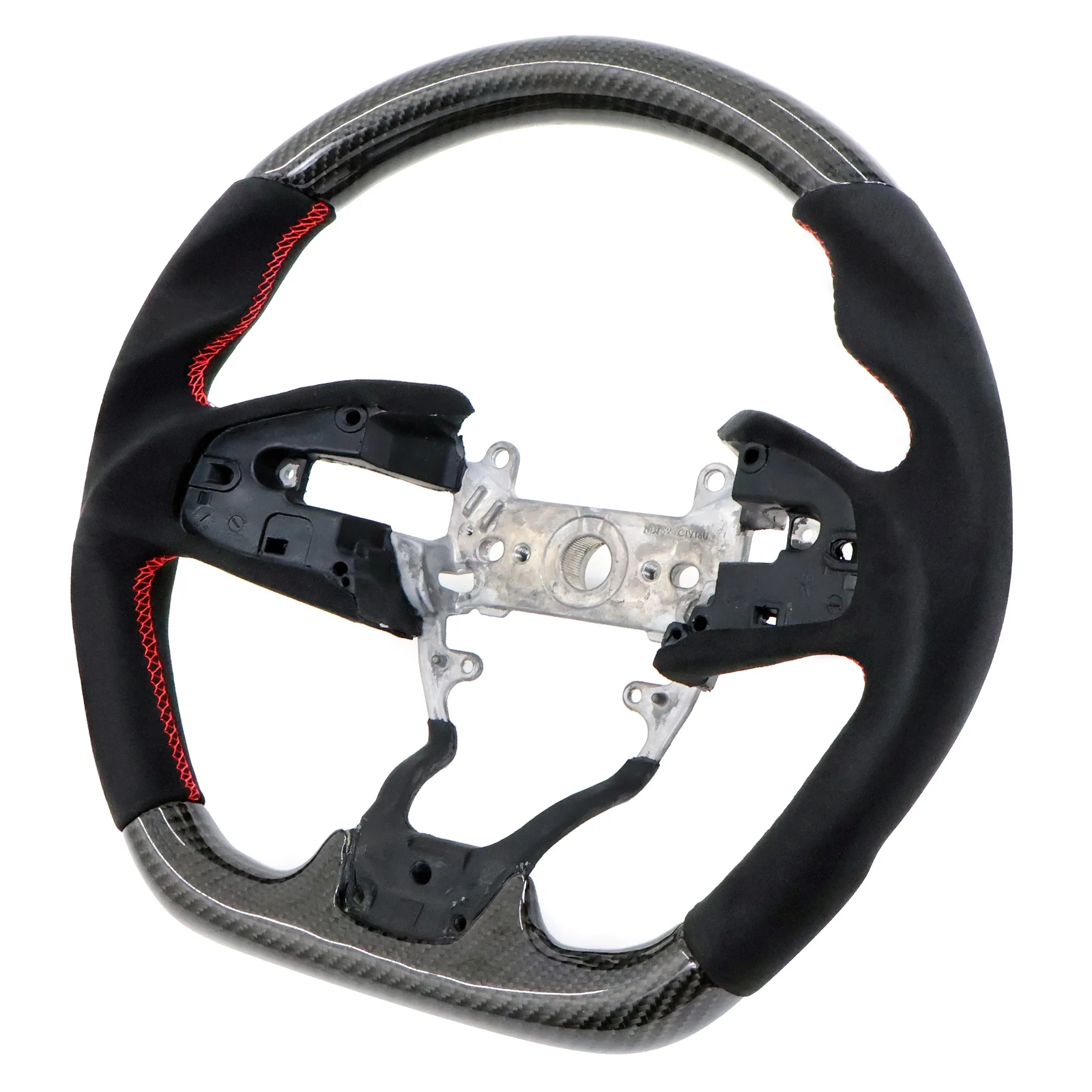 Ikon Motorsports Steering Wheel Compatible with 16-21 Honda Civic Gen 10th Carbon Fiber & Alcantara With Red Stitching
