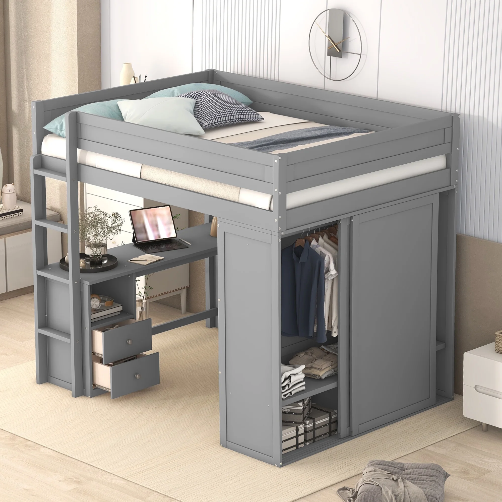 EUROCO Wood Full Size Loft Bed, Storage Desk and Drawers, Wardrobe with Clothes Hanger and Sliding Door for Living Room, Gray - Radiant Selections
