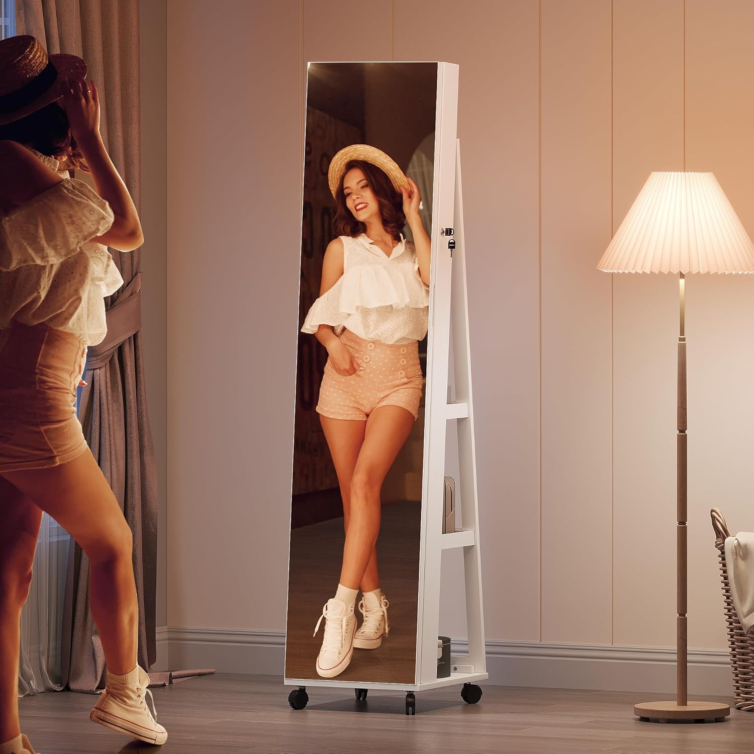 YITAHOME Mirror Jewelry Cabinet with Lights Standing Jewelry Armoire Storage Rotatable Full Length Mirror Jewelry Organizer Lockable Jewelry Armoire