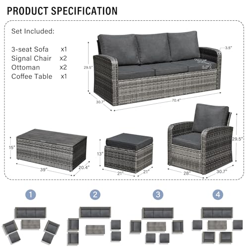 6 Pieces Patio Furniture Sets w/Cushions and Coffee Table, All Weather Wicker Outdoor Patio Conversation Sets w/Comfy Armrest