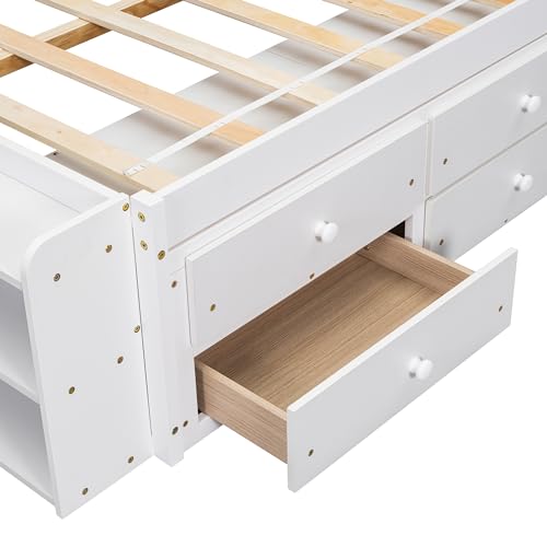 SOFTSEA Full Size Platform Bed with Storage, Platform Bed with Drawers and Bed End Case, Wood Platform Bed Frame with Storage Bookcase Headboard