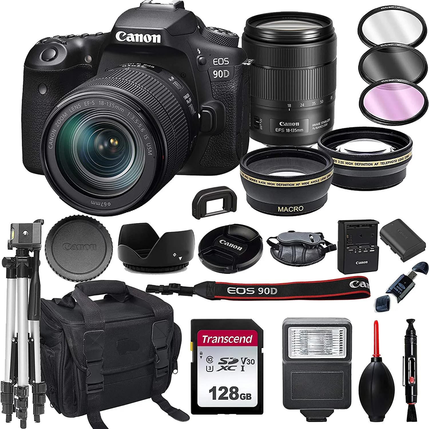 Canon EOS 90D DSLR Camera with 18-135mm USM Lens+ 128GB Card, Tripod, Case, and More 22pc Bundle - Curated Treasures Market