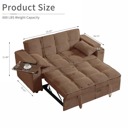 68.11" Corduroy Sleeper Chair Bed with USB Port, Cup Holders & Side Storage Pockets – 3-in-1 Foldable Sofa Bed for Guest Room, Living Room – White