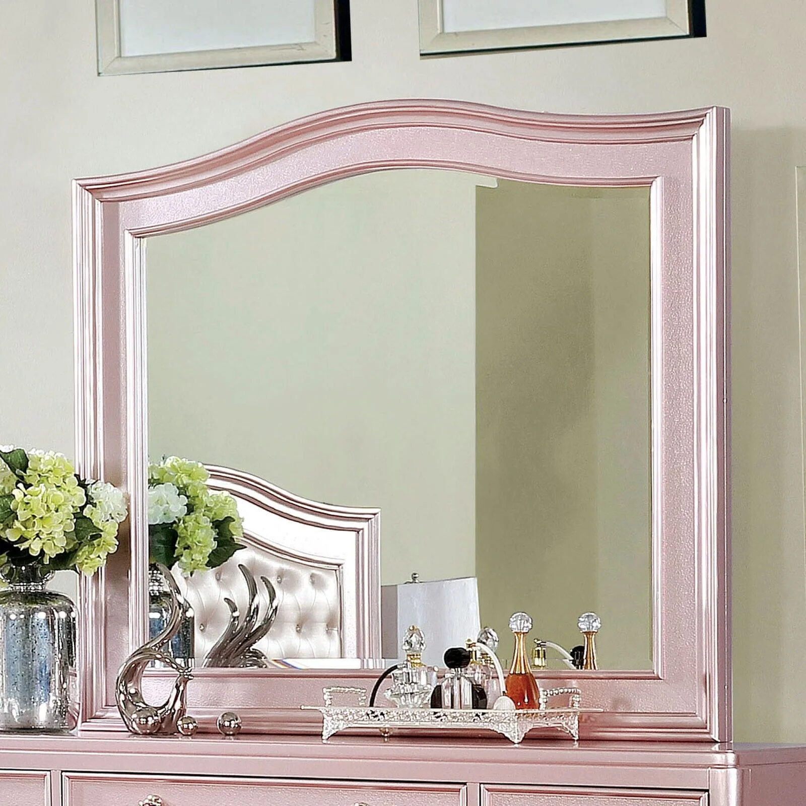 Contemporary Rose Gold Twin Size Bed 6pc Set Dresser Mirror Nightstand Chest Padded HB Tufted Bedroom Furniture Solid wood