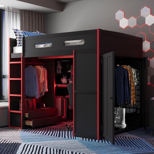 Modern Full Size Gaming Loft Bed with Built-in Desk and Storage Wardrobe, Wood Loft Bed Frame with Light Strip and 2 Drawers