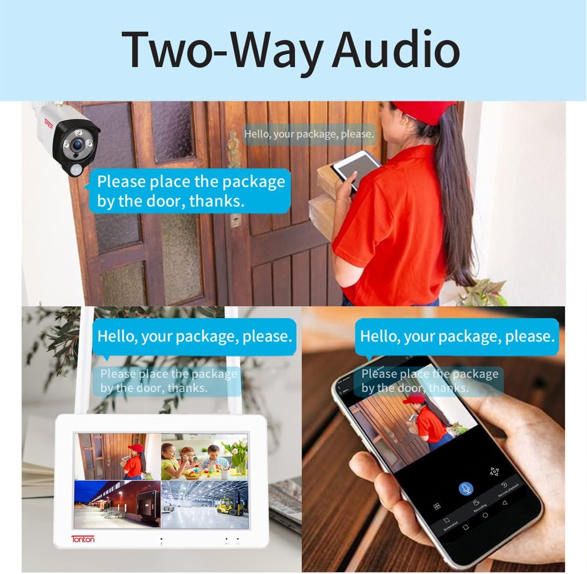[2-Way Audio] Tonton 1080P Portable LCD Security Camera System Wireless,7" IPS Touchscreen Monitor,4CH NVR Kit and 2PCS 2MP Camera with PIR Sensor