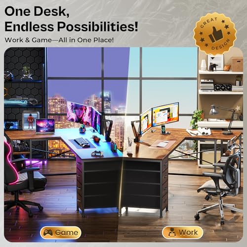 Huuger 63 Inch L Shaped Desk with Fabric Drawers, Reversible Computer Gaming Desk with Power Outlets and USB-C Port, Adjustable Side Storage Shelves