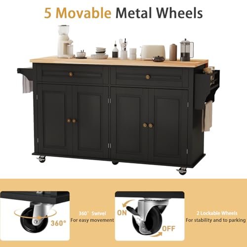 67’’ Movable Kitchen Island with Drop Leaf and Power Outlet, Lockable Sliding Countertop Rolling Island Cart with 2 Large Drawers, Spice, Towel Rack