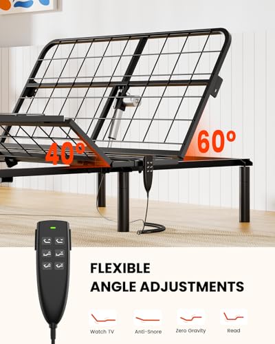 Amada Queen Adjustable Bed Frame with Massage, Head & Foot Incline, Wireless Remote, 4 Built-in USB Ports, LED Night Light, 4 Height-Adjustable Legs