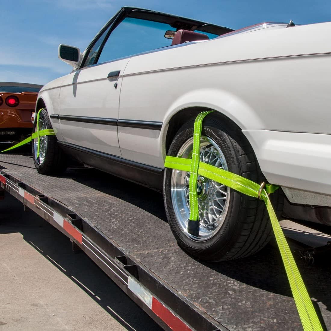 VULCAN Car Tie Down Kit - Adjustable Loop - Snap Hooks - Classic Yellow - Complete Kit Includes 4 Straps and 4 Ratchets