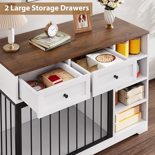 IDEALHOUSE 47” Large Dog Crate, Dog Kennel Indoor with 2 Drawers and 4 Shelves, Dog Crate Furniture TV Stand, Wooden Dog Cage for Medium Large Dogs