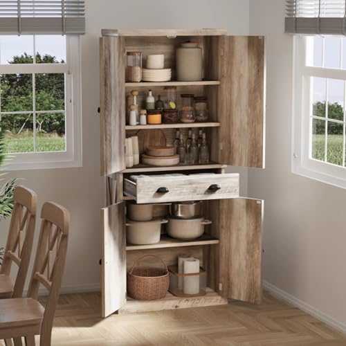 YITAHOME 72'' Tall Kitchen Pantry Cabinets, Farmhouse Storage Cabinets with Barn Doors, Drawer ＆ Adjustable Shelves