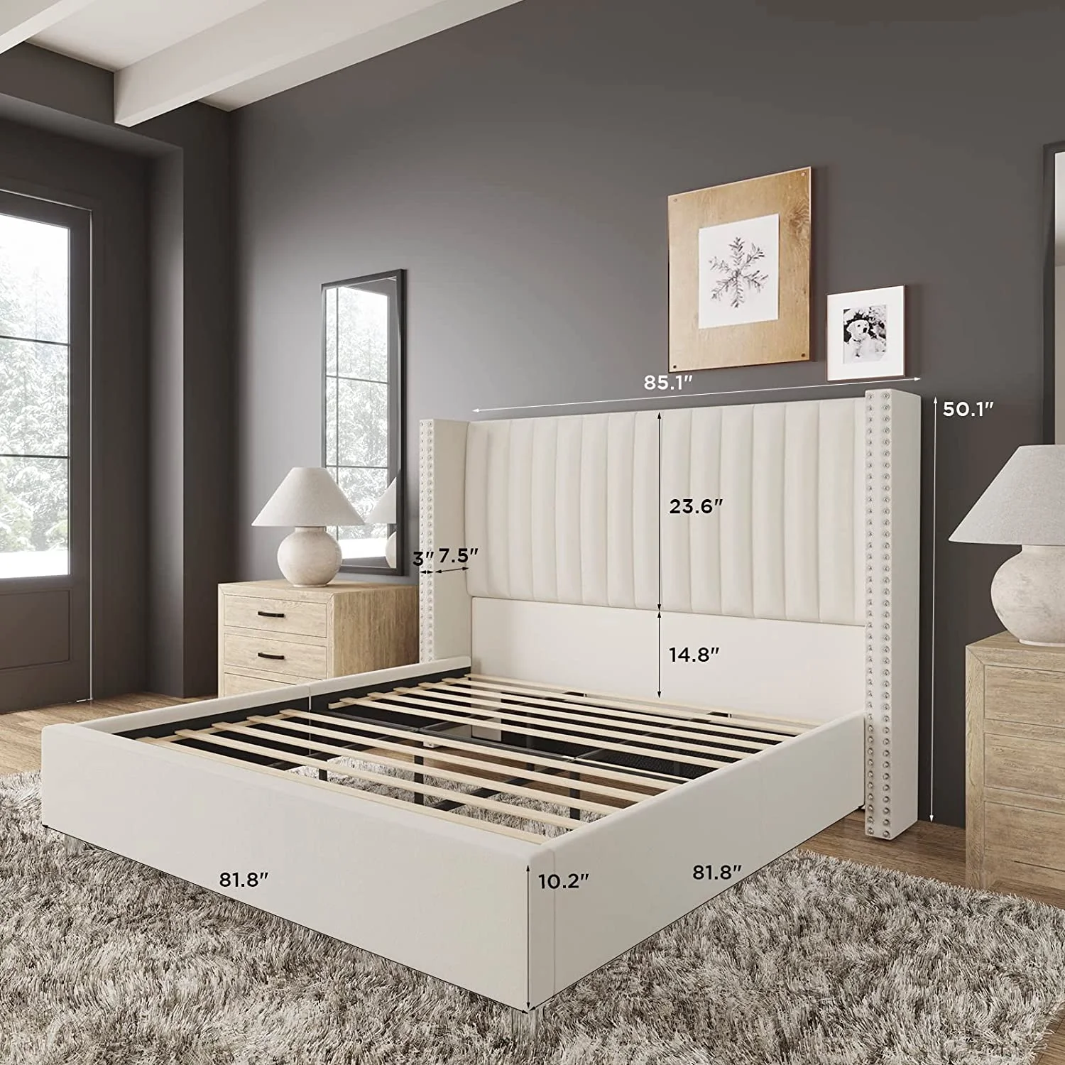 Jocisland Bed Frame King Size Upholstered Bed Wingback Headborad Velvet Channel Tufted/No Box Spring Needed/Cream