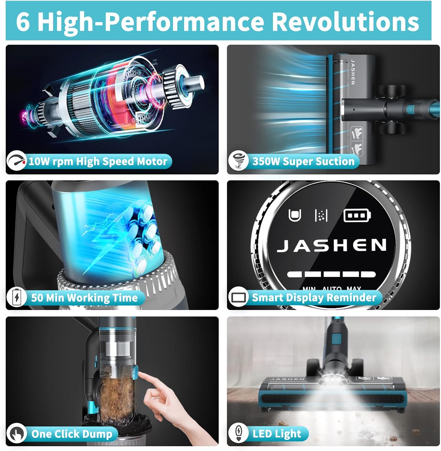 Cordless Vacuum Cleaner, JASHEN V18 Auto Adjust Suction Stick Vacuum Cleaner 350W 6 in 1 Lightweight for Hard Floor Carpet Pet Hair