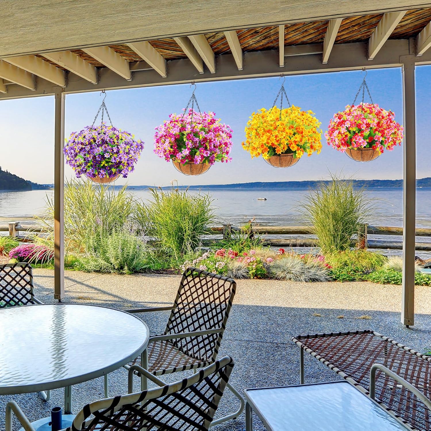 4 Pack Artificial Hanging Flowers in Basket Artificial Daisy Arrangement with 12 Inch Coconut Lining Realistic Artificial Hanging Plants for Outdoor
