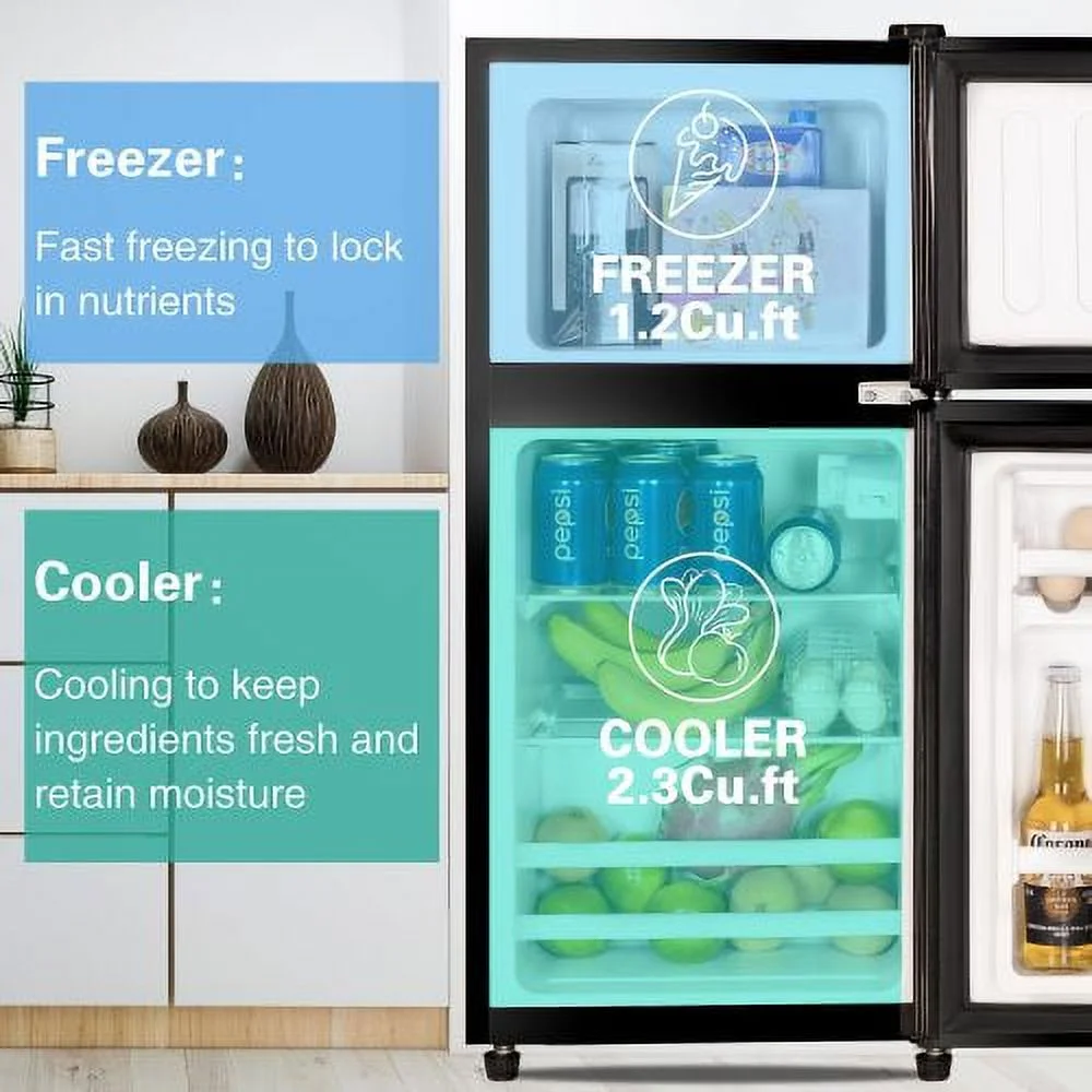 3.5 Cubic Feet Refrigerator, ZPL Compact Refrigerator, Mini Fridge with Freezer and 2 Door, 7 Level Thermostat Removable Shelves for Kitchen, Dorm