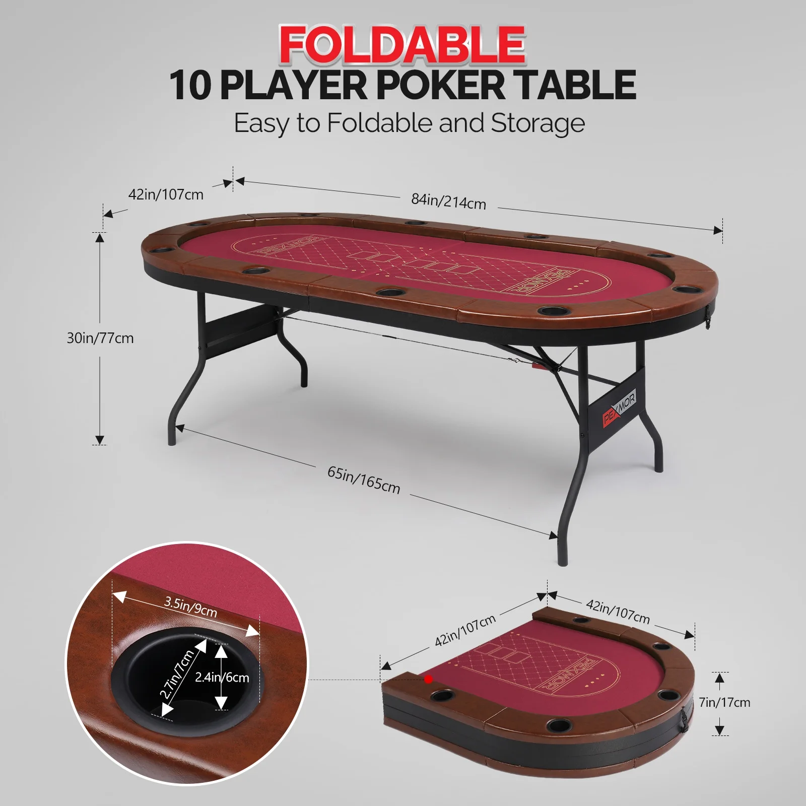 PEXMOR Foldable 10 Player Poker Table, Folding Casino Table Texas Holdem Poker Table