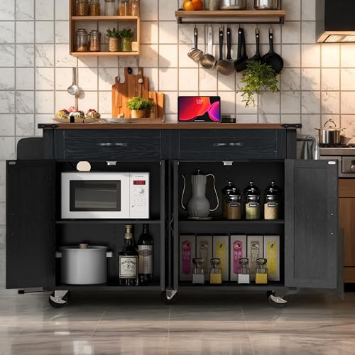 53.7" Farmhouse Kitchen Island with Drop Leaf,2 Drawers,Kitchen Storage Island with Power Outlet,Spice Rack