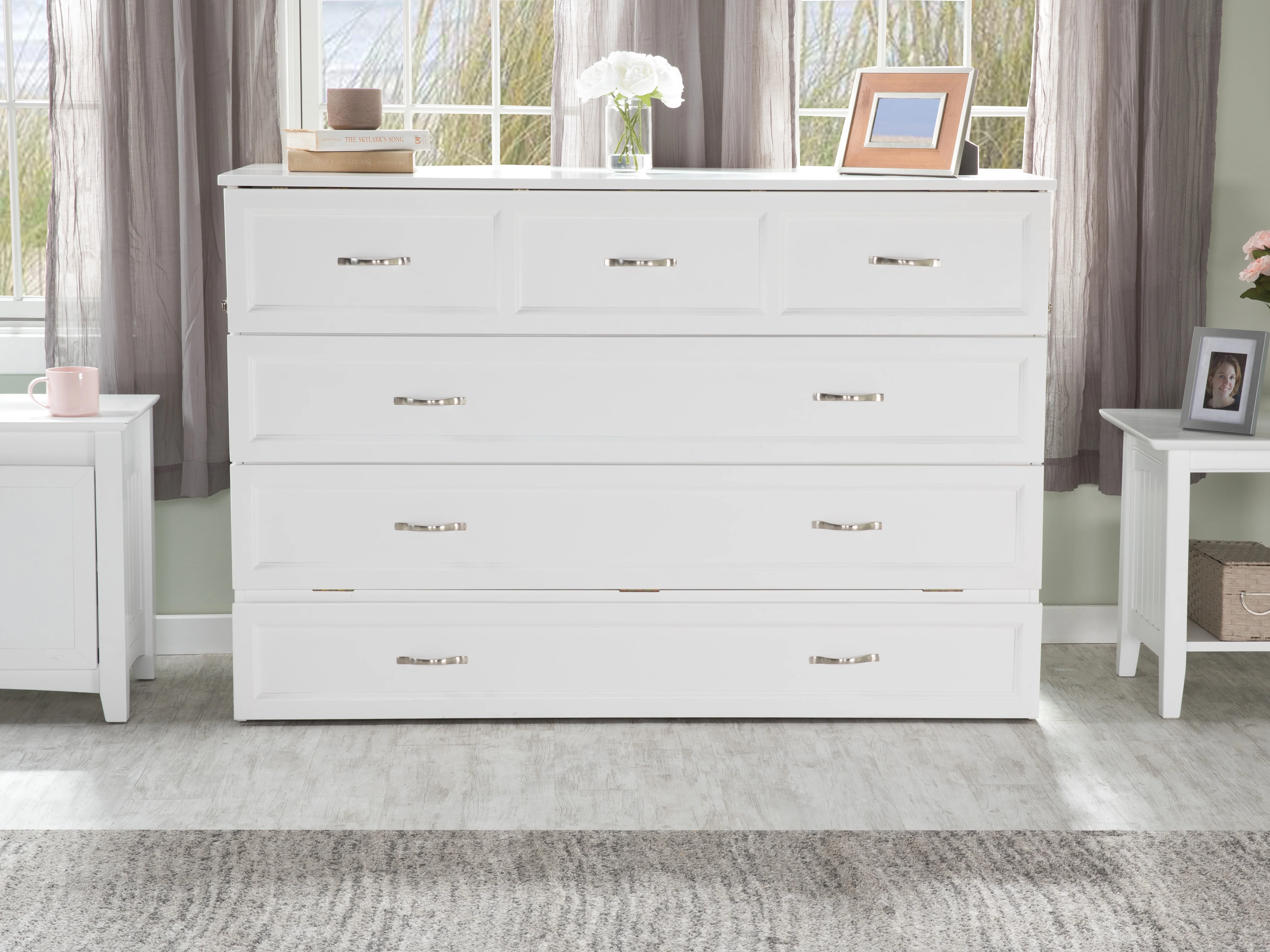 AFI Deerfield Queen Solid Wood Murphy Bed Chest with Mattress, Drawer & Charger in White