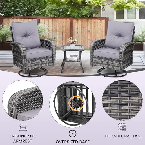 3 Piece Rattan Wicker Bistro Set, Outdoor Conversation Furniture Set with Glass Top Table, Space Saving for Balcony, Backyard, Natural