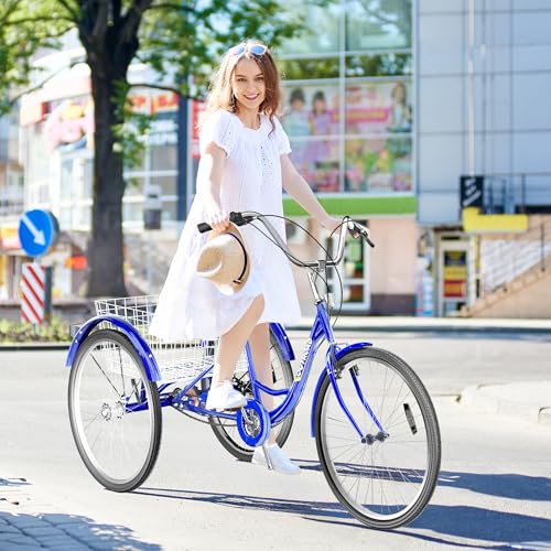 7-Speed Adult Tricycle with Large Basket 24/26 Inch, Stable 3-Wheel Cruise Bicycle for Shopping, Beach and City Trike Perfect for Men, Women