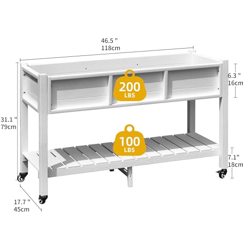 DWVO 47x18x31in Raised Garden Bed, Weather Resistant Poly Wood Planter Box Stand, Planter Box with Legs, Storage Shelf & Lockable Wheels