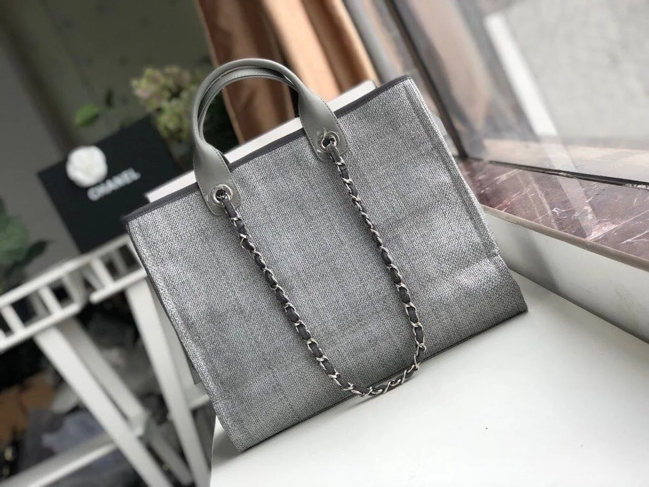 Chanel Small Shopping Bag Silver Hardware Grey For Women, Women&rsquo;s Handbags, Shoulder Bags 15.2in/39cm AS3257