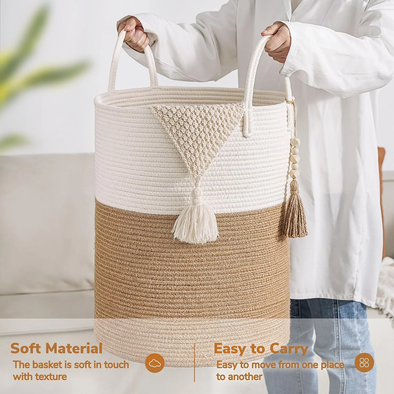 Large Laundry Basket Decorative White Basket for Blankets, Baby Storage Basket for Nursery, Living Room, Bedroom, Big Rope Hamper 17.7 x 12.6 Inches