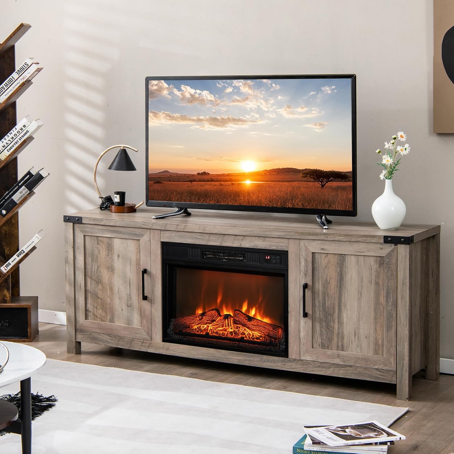 COSTWAY Electric Fireplace TV Stand for TVs up to 70 Inches, Farmhouse Media Entertainment Center Table with Storage Cabinets