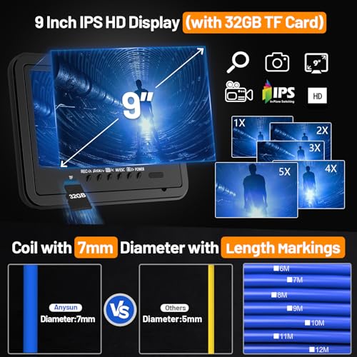 Self-Leveling Sewer Camera 100FT, Anysun 9" HD Screen Pipe Borescope Drain Inspection with 12pcs LED Light, DVR Recorder with 32GB Card