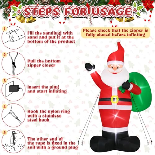15FT Christmas Inflatables, Giant Inflatable Santa Claus Holding Gift Bags, Blow Up Christmas Santa Claus with 8pcs LED