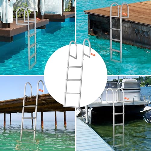 VEVOR Dock Ladder, Removable 5 Steps, 500 lbs Load Capacity, Aluminum Alloy Pontoon Boat Ladder with 3.1'' Wide Step & Nonslip Mat