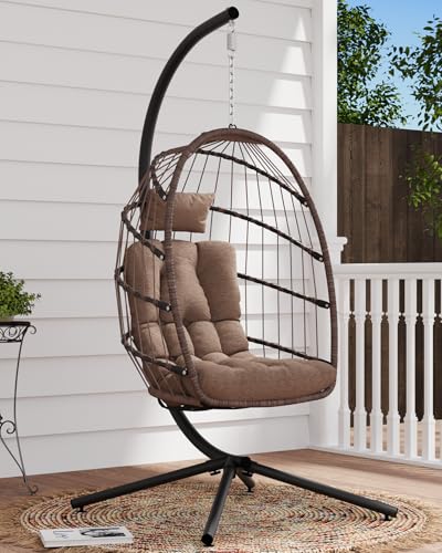 SWITTE Egg Chair Outdoor with Stand, Indoor Wicker Hanging Egg Swing Chair with Cushion, 350lbs Capacity for Patio, Bedroom, Garden - Gray