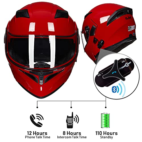 ILM Bluetooth Motorcycle Helmet Modular Flip up Full Face Dual Visor Mp3 Intercom FM Radio DOT Model 902BT(Matte Black, Large)