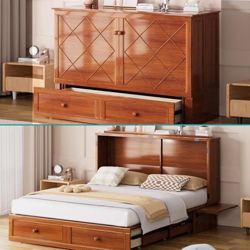 BALUS Murphy Bed Cabinet, 63" W Queen Cabinet Cube Chest Bed with Tri-fold Mattress, Charging Station