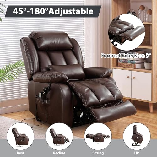 EDILLY Large Genuine Leather Power Lift Recliner Chairs for Elderly, Dual Motor with Massage and Heating,Double Lumbar Cushion and Extended Footrest