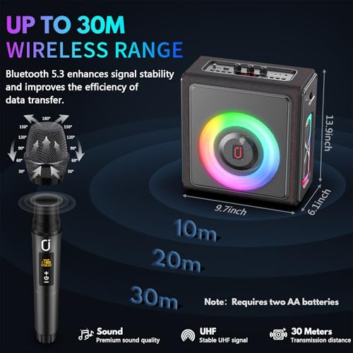 Karaoke Machine, Portable Bluetooth 5.3 Speaker with 2 Wireless Microphones for Adults, PA System with Pitch Correction & Echo Adjustment