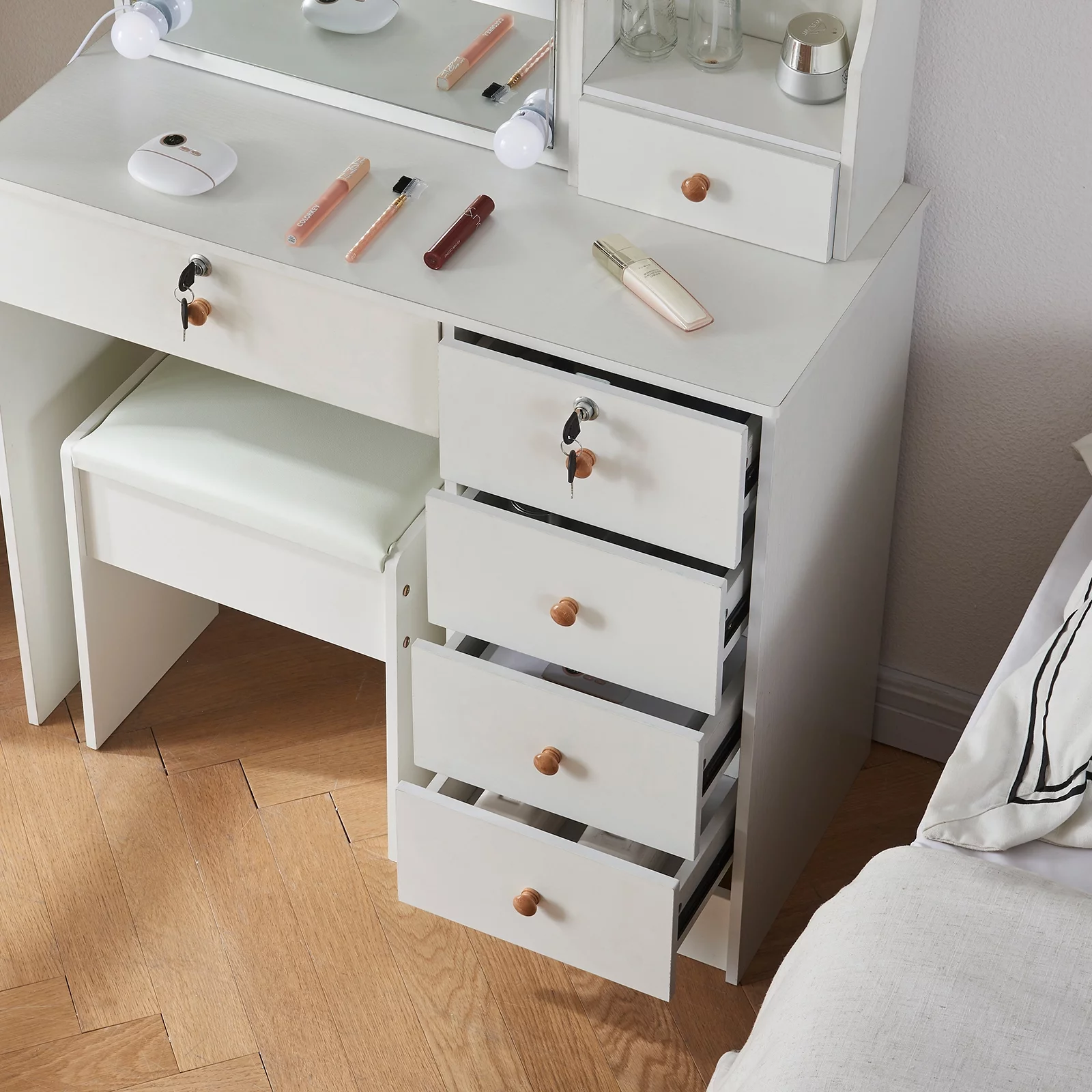 Yamissi Modern Makeup Vanity for Bedroom, Vanity Desk with LED Lighted Sliding Mirror and Stool, Makeup Table with Storage Shelves and Drawers