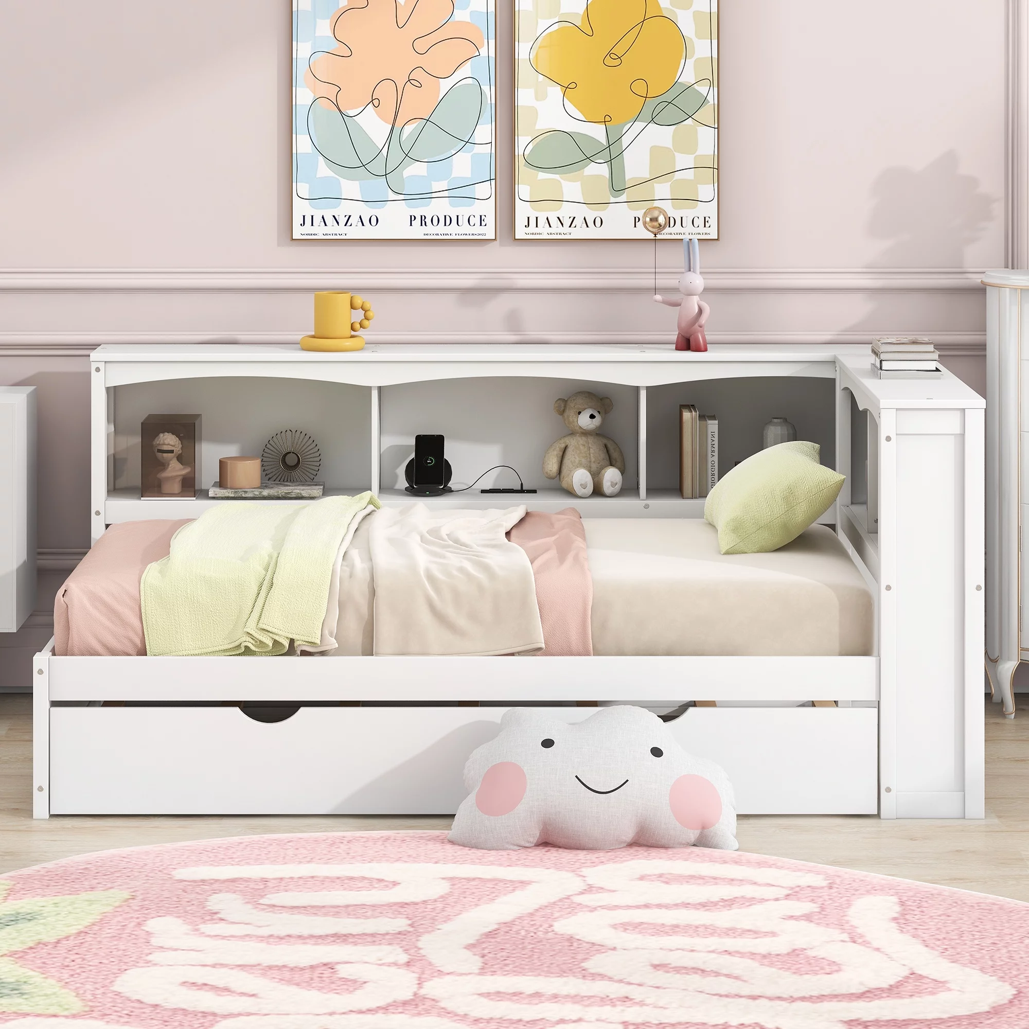 Bellemave Modern Twin over Twin Size Wood Daybed with Trundle, Stronge Storage Cabinets and USB Ports,Low Floor Bed for Kids Teens Adult Bedroom