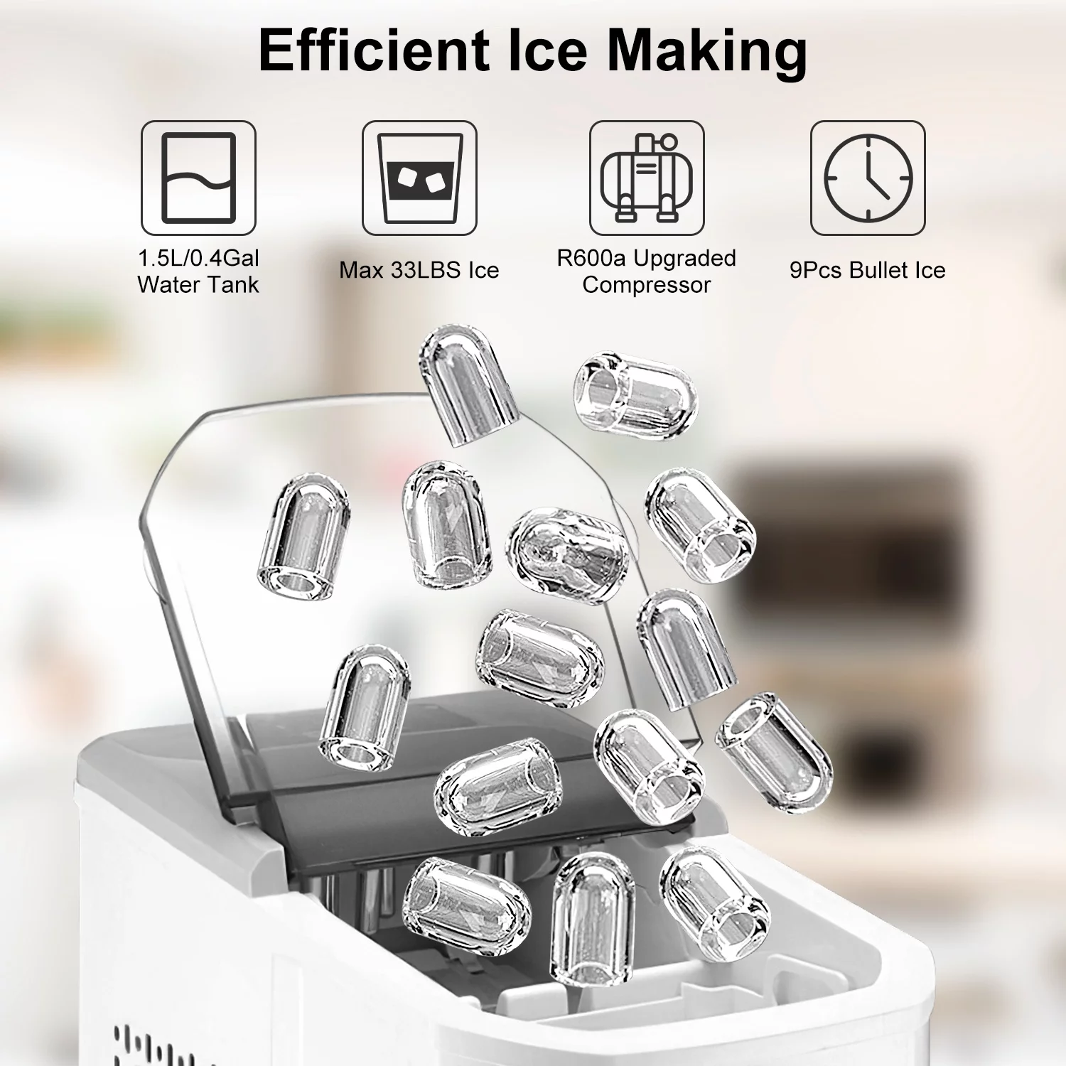Countertop Ice Maker, Max 33Lbs/24H, 9 Bullet-Shaped Ice Cubes Ready in 6 Mins