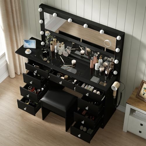 55" W Vanity Desk, Makeup Vanity with Charging Station, 15 Drawers with Lighted Mirror, 3 Lighting Modes, Brightness Adjustable, Glass Top