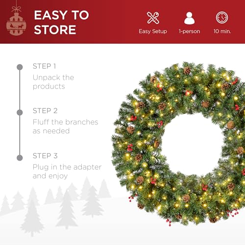 Best Choice Products 60in Large Artificial Pre-Lit Fir Christmas Wreath Holiday Accent Decoration w/ 300 LED Lights, 930 PVC Tips
