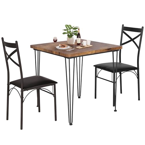 VECELO Kitchen Dining Room Table Set with 2 Chairs for Small Space, Apartment,Metal Steel Frame