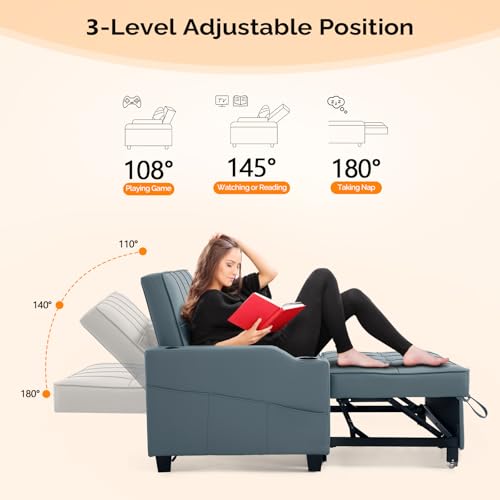 VINGLI Light Green Futon Sofa Bed Convertible Loveseat Sleeper Couch, Faux Leather Pullout Sofa Fold Out Couch Bed with USB Ports, Cup Holders